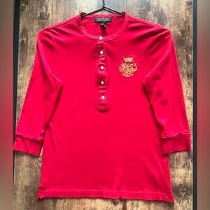 Lauren Ralph Lauren Red Knit Henley Top - Gold Crest Logo - Size S